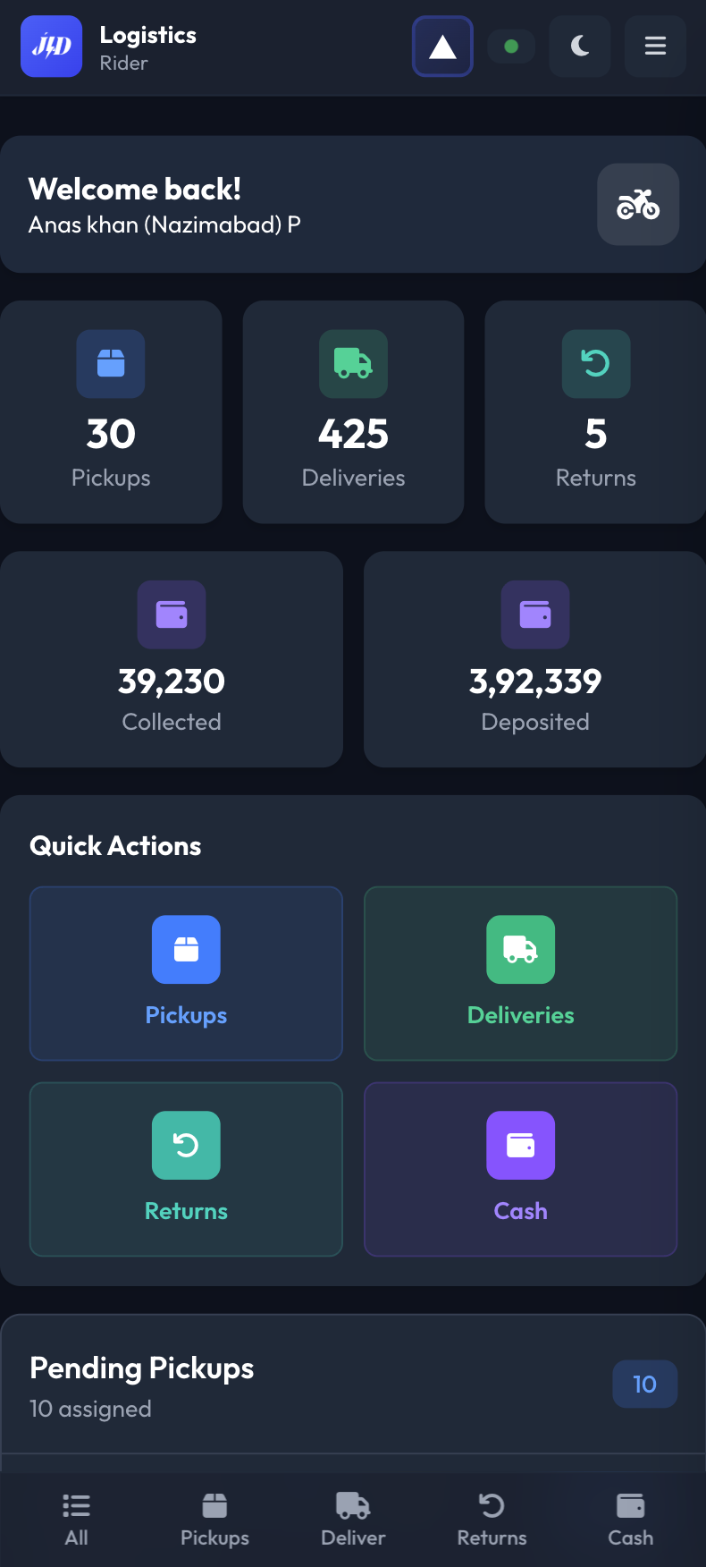 JLD Rider App for GPS pickups, deliveries, and cashless COD